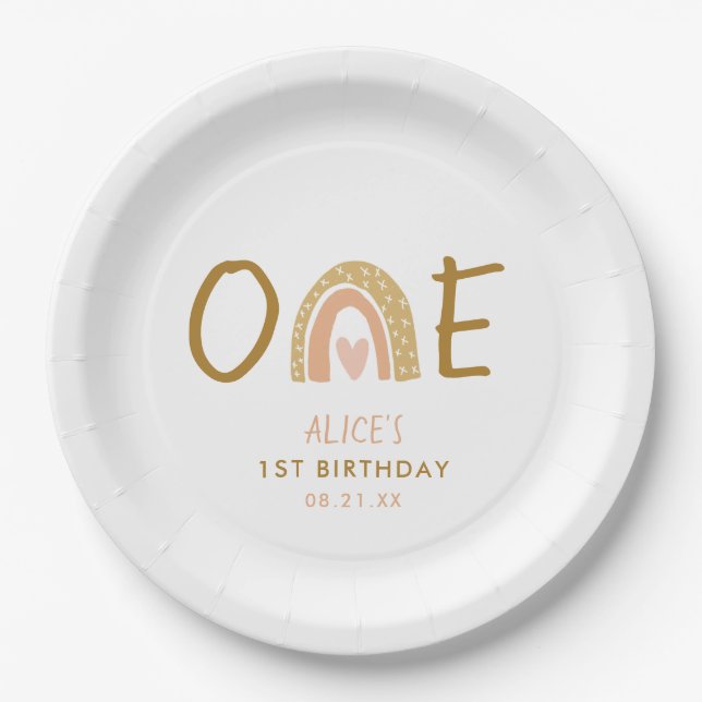 Assiettes En Carton Earthy Rainbow Theme Fille 1er anniversaire (Devant)
