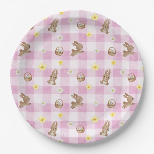 Assiettes En Carton Easter Bunny Pink Gingham (Devant)