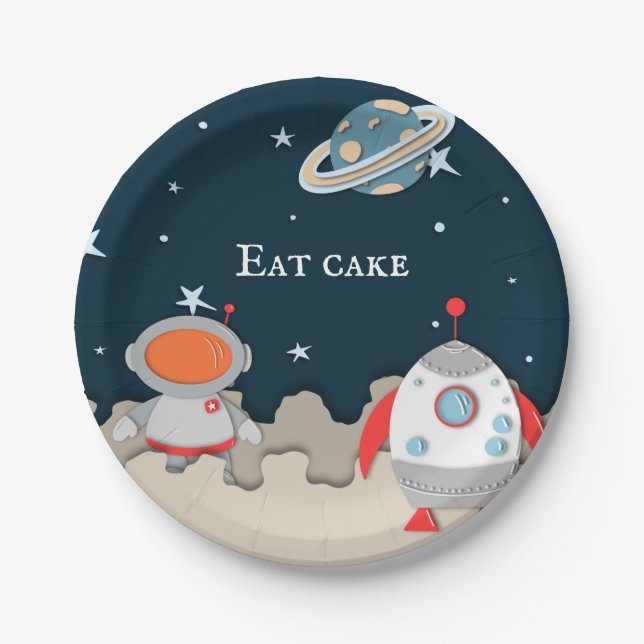Assiettes En Carton Eat Cake Astronaut et Rocket Ship Space (Devant)
