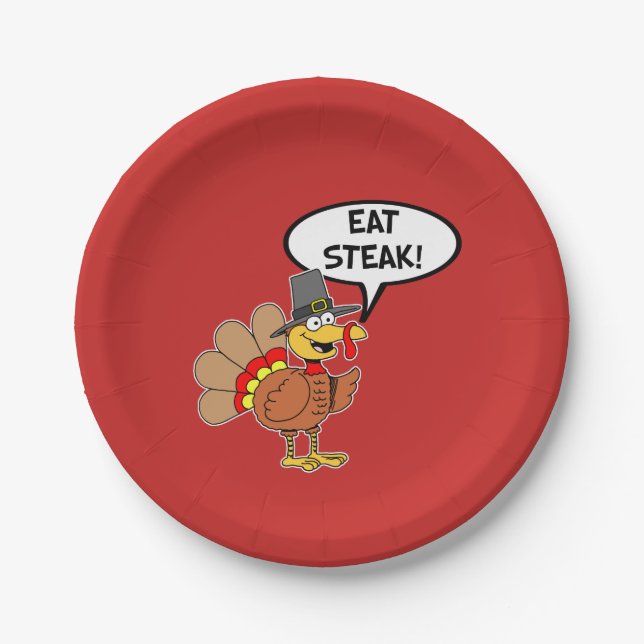 Assiettes En Carton Eat Steak Turquie pèlerin Casquette Thanksgiving (Devant)