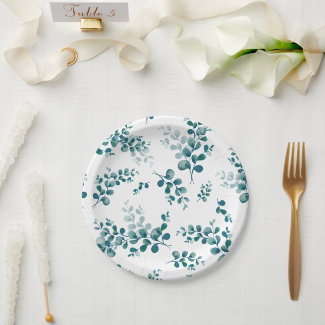 Assiettes En Carton Eau-couleur eucalyptus verdure (Mariage)