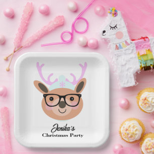 Assiettes En Carton Écharpe Chapeau Lunettes de Noël Renne Mignon   
