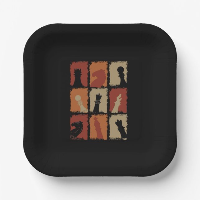 Assiettes En Carton Échecs - Pièces d'échecs Retro (Recto)