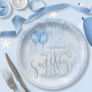 Assiettes En Carton Éclairage à cordes et ballons Sweet 16 Lt. Blue ID