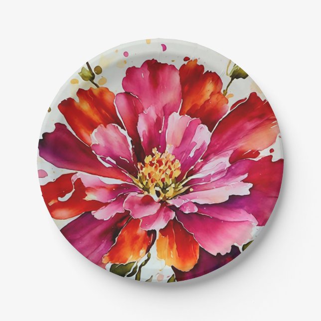 Assiettes En Carton éclat lumineux magenta aquarelle plaques de fleurs (Devant)