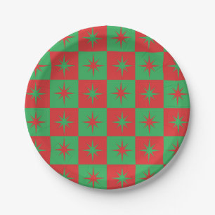 Assiettes En Carton Éclats de étoiles rétro Noël rouge-vert à carreaux
