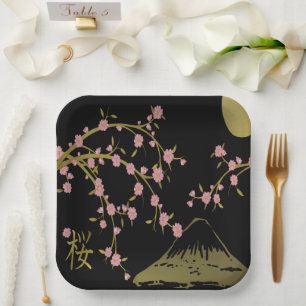 Assiettes En Carton Écran Japonais Rose Sakura Or Noir