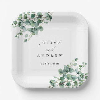 Assiettes En Carton Écriture de mariage au eucalyptus verdure 