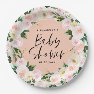 Assiettes En Carton Écriture florale de la gaine de pêche Baby showe