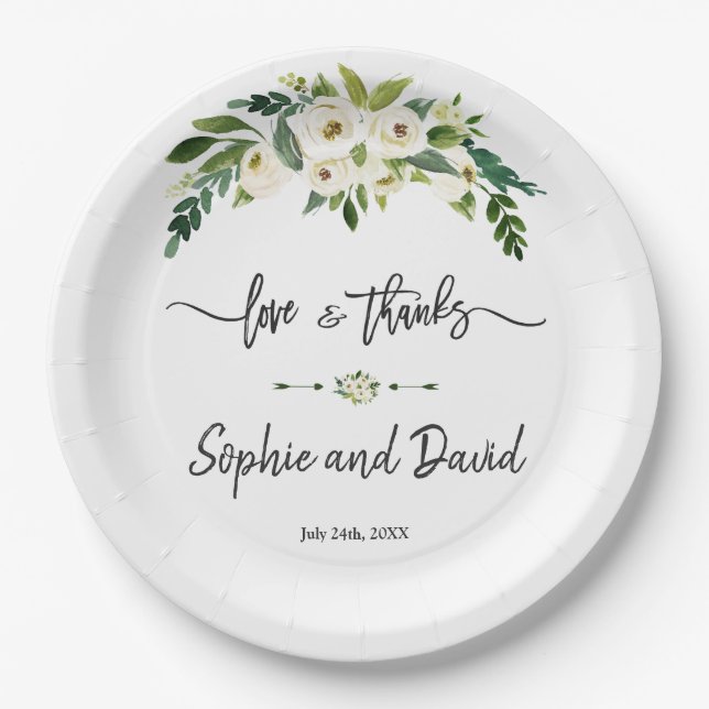 Assiettes En Carton Écriture manuscrite florale en floraison blanche a (Devant)
