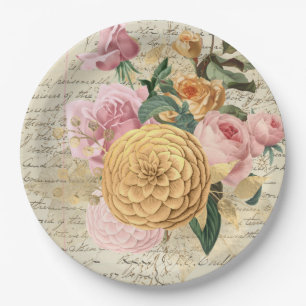 Assiettes En Carton Écriture vintage florale Blush et Gold