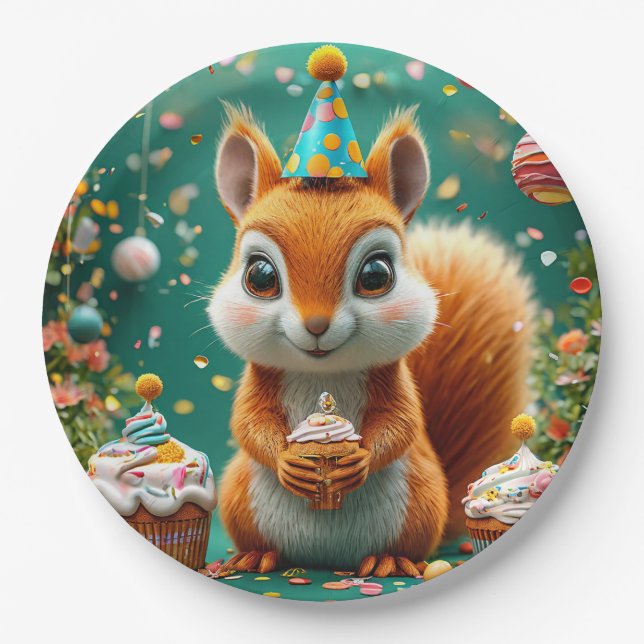 Assiettes En Carton Écureuil adorable d'anniversaire (Devant)