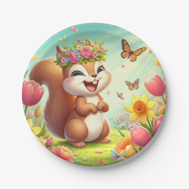 Assiettes En Carton Écureuil du printemps mignon et heureux (Devant)