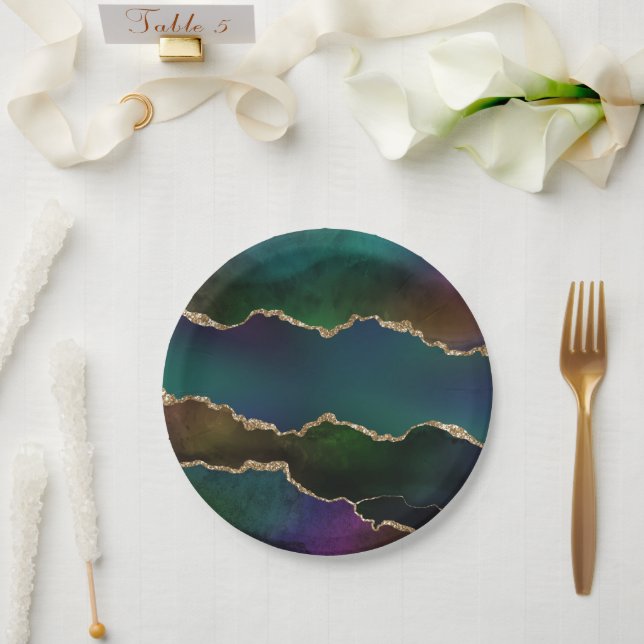 Assiettes En Carton Edgy Agate | Sombre Moody Jewel Tone Mystic Turquo (Mariage)