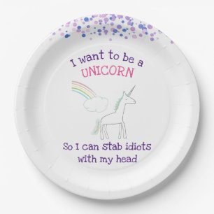 Assiettes En Carton Edgy Unicorn avec arc en ciel et Confetti Funny