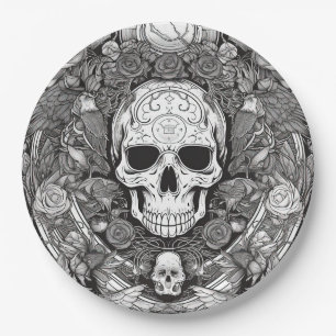 Assiettes En Carton Éffrayant crâne noir et blanc Halloween