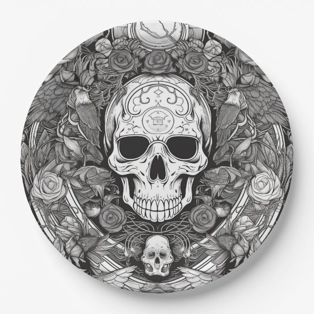 Assiettes En Carton Éffrayant crâne noir et blanc Halloween (Devant)