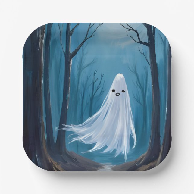 Assiettes En Carton Éffrayant fantôme | Bonne fête d'Halloween (Recto)