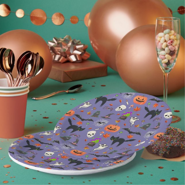 Assiettes En Carton Éffrayant Motif d'Halloween - Citrouilles, chauves (Multi)