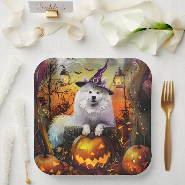 Assiettes En Carton Éffrayant Samoyed Chien Halloween sorcière et Citr (Mariage)