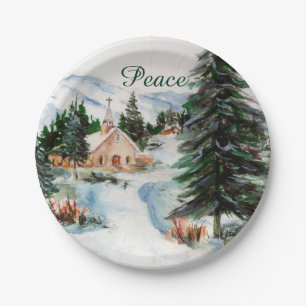 Assiettes En Carton Église de pays dans la scène de montagne