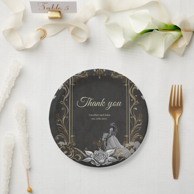 Assiettes En Carton Elégance en argent et noir. (Mariage)