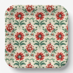 Assiettes En Carton Élégance florale de Noël rouge et vert