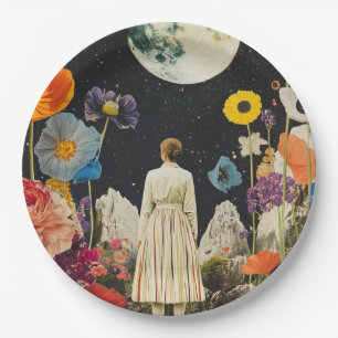 Assiettes En Carton Élégance Lune - Vue arrière de la femme avec Lune