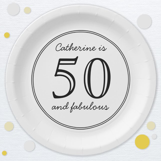 Assiettes En Carton Elégant 50 et Fabuleux nom fête d'anniversaire (Fifty and fabulous personalized paper plate)