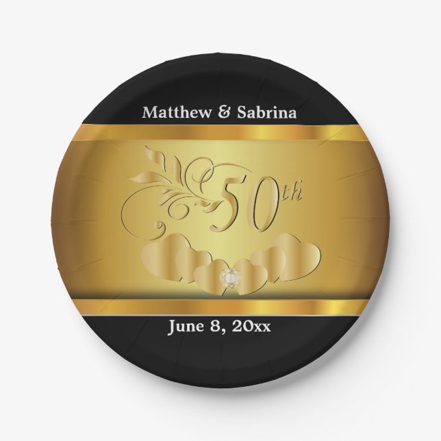 Assiettes En Carton Élégant 50e anniversaire de Mariage d'or (Devant)