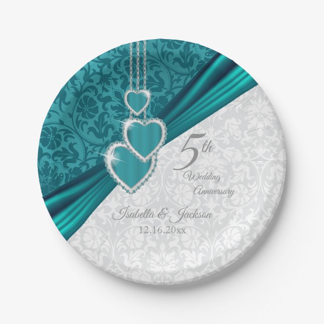 Assiettes En Carton Elégant 5ème anniversaire de Mariage Turquoise (Devant)