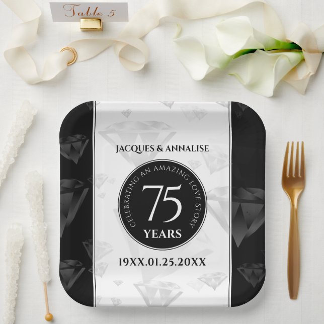 Assiettes En Carton Élégant 75e anniversaire de Mariage de diamant (Mariage)