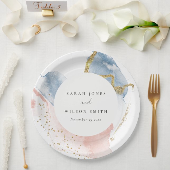 Assiettes En Carton Elégant Abstrait Aquarelle or rose bleu Mariage (Mariage)