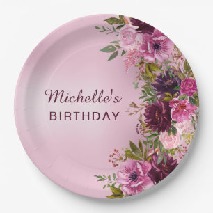 Assiettes En Carton Elégant Anniversaire Fleurs Roses Violettes Roses