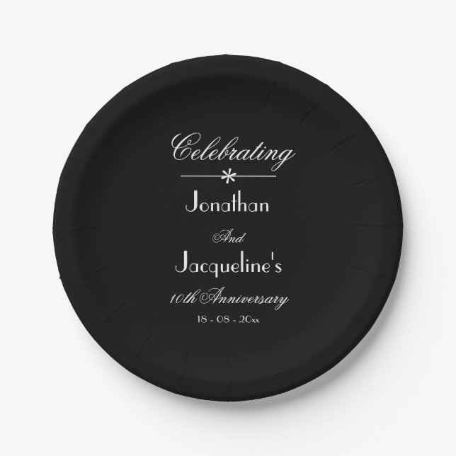 Assiettes En Carton Élégant Anniversaire Mariage noir et blanc chic (Devant)