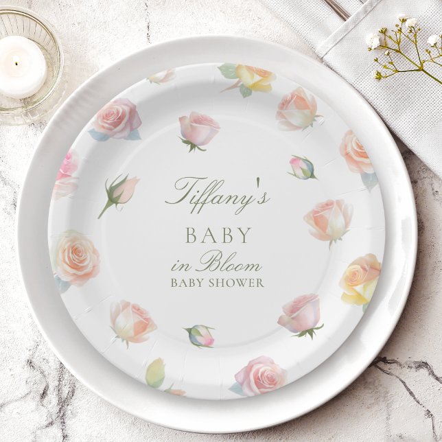 Assiettes En Carton Elégant Aquarelle bébé dans Baby shower Fille Fleu (Créateur téléchargé)
