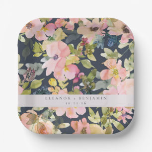 Assiettes En Carton Elégant Aquarelle de marine rose Floral Custom Wed