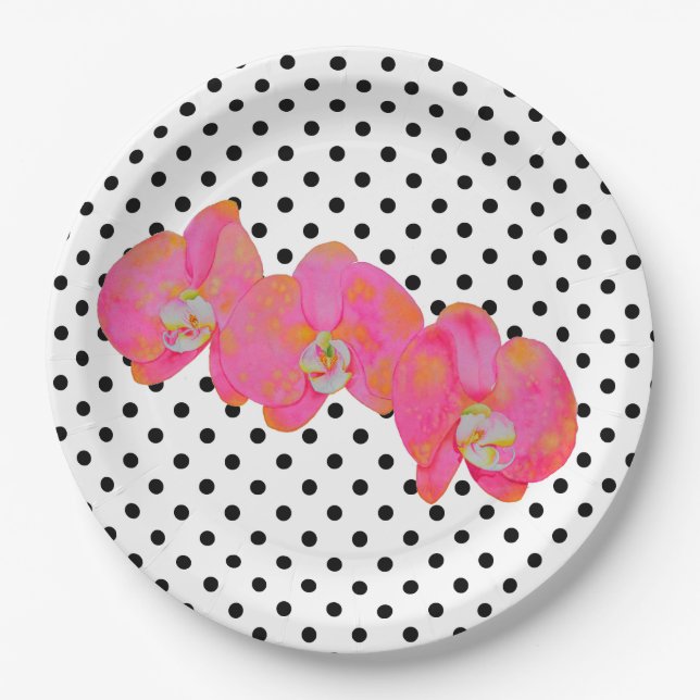 Assiettes En Carton Elégant Aquarelle rose Orchidées | pois (Devant)