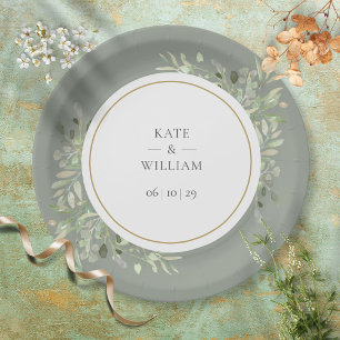 Assiettes En Carton Elégant Aquarelle Verdure Sage Vert Mariage