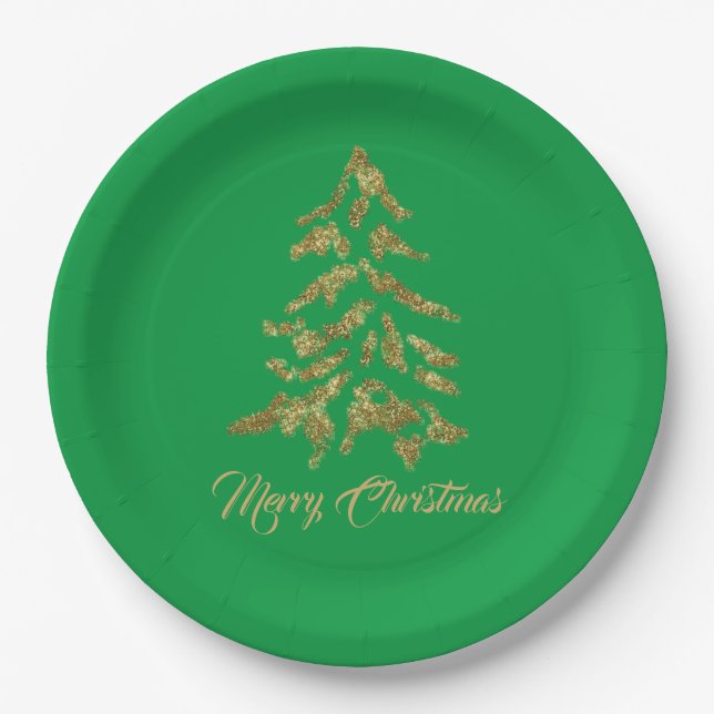 Assiettes En Carton Élégant arbre vert d'or Joyeux Noël (Devant)