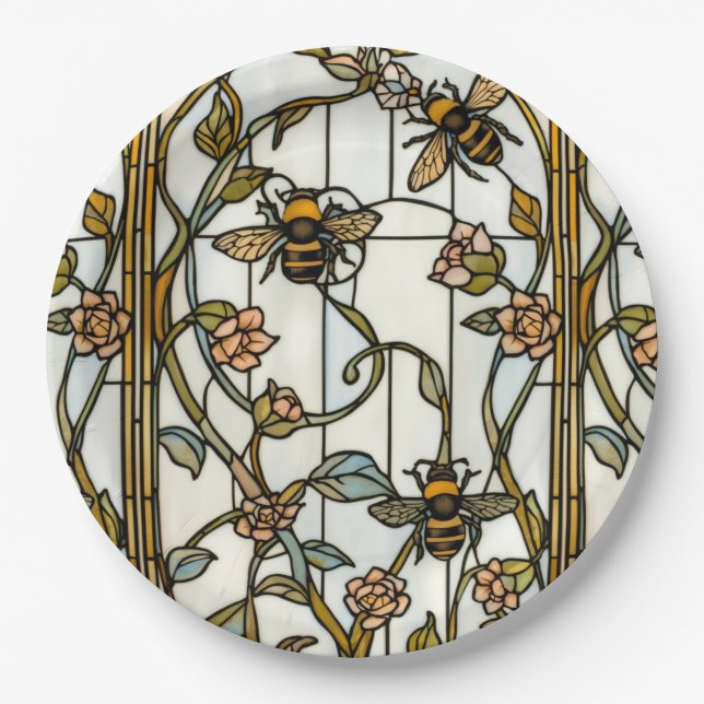 Assiettes En Carton Elegant art nouveau botanical  bee stain glass (Devant)