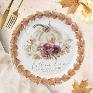 Assiettes En Carton Élégant Automne Blanc Citrouille Floral Mariage