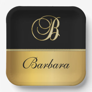 Assiettes En Carton Élégant "B" Monogramme Nom personnalisé Black Gold
