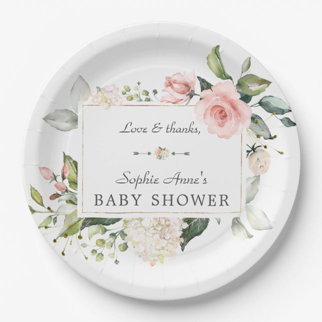 Assiettes En Carton Elégant Baby shower Aquarelle rose Fleurs (Devant)