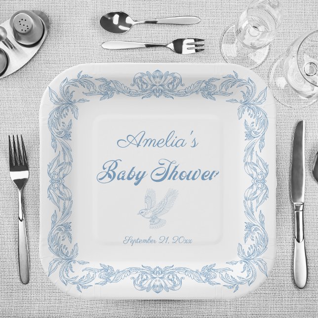 Assiettes En Carton Elégant Baby shower bleu baroque en fibre Dusty (Créateur téléchargé)