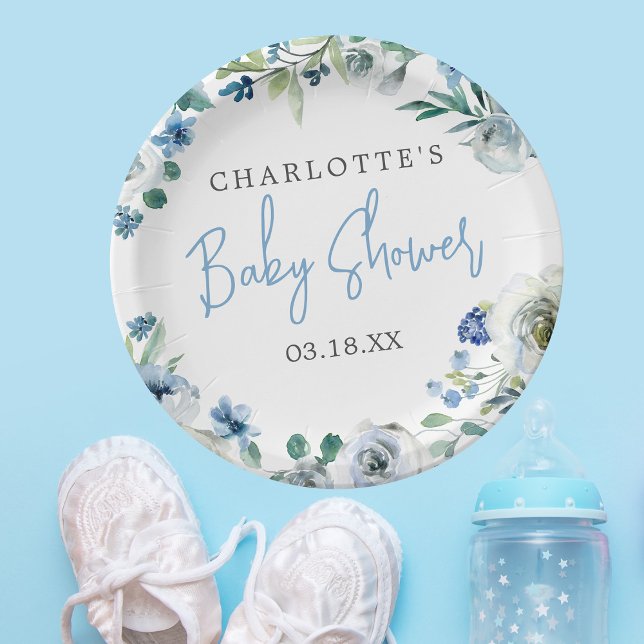 Assiettes En Carton Elégant Baby shower Bleu Blanc Floral Spring Boy (Créateur téléchargé)