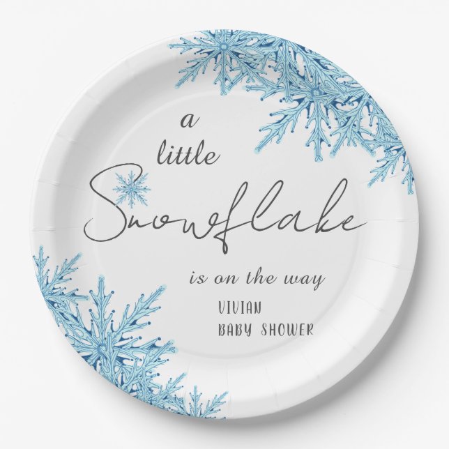 Assiettes En Carton Elégant Baby shower de Flamme de neige bleu hiver (Devant)