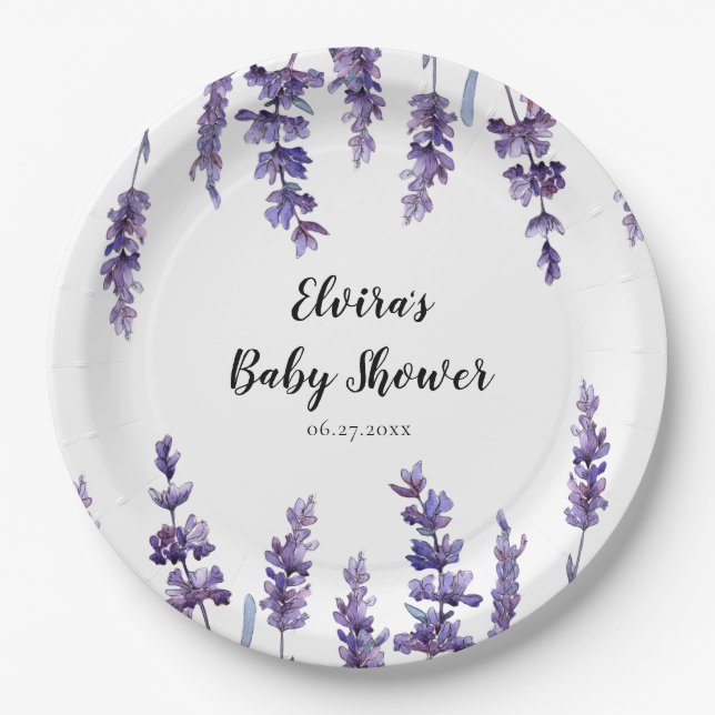 Assiettes En Carton Élégant Baby shower de lavande fleurie (Devant)