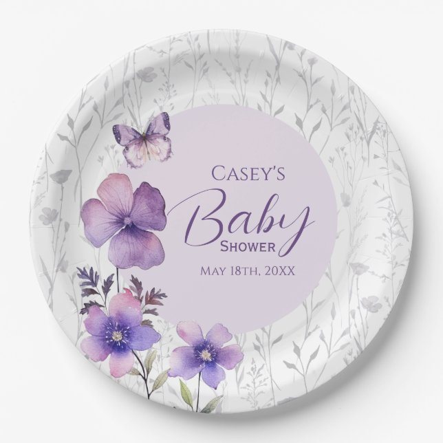 Assiettes En Carton Élégant Baby shower de papillon floral violet (Devant)