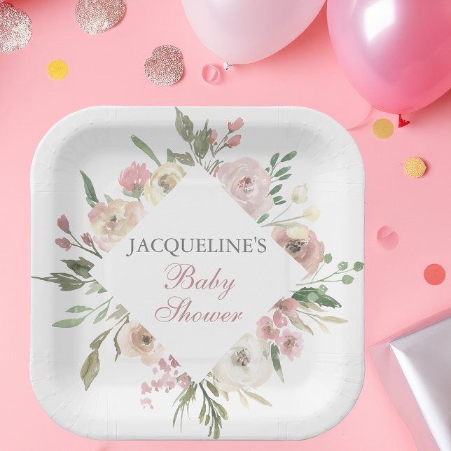 Assiettes En Carton Élégant Baby shower de printemps floral d'ivoire r (Créateur téléchargé)
